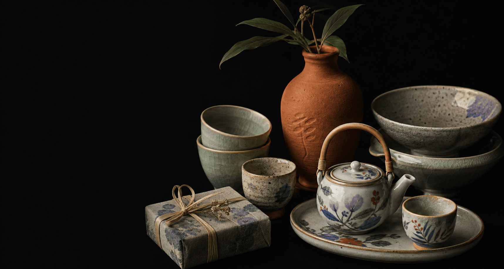 Vietnamese handmade ceramics arranged on a dark studio canvas